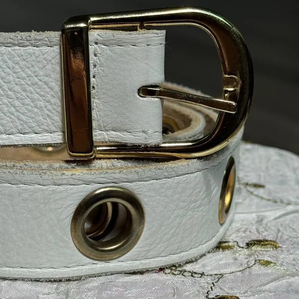 Bebe Genuine Leather White Grommet Belt Women's Gold Hardware Y2K Statement L 43